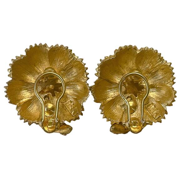 1950s BSK Brushed Gold Plate White Rhinestones Flower Clip On Earrings - Picture 2 of 3